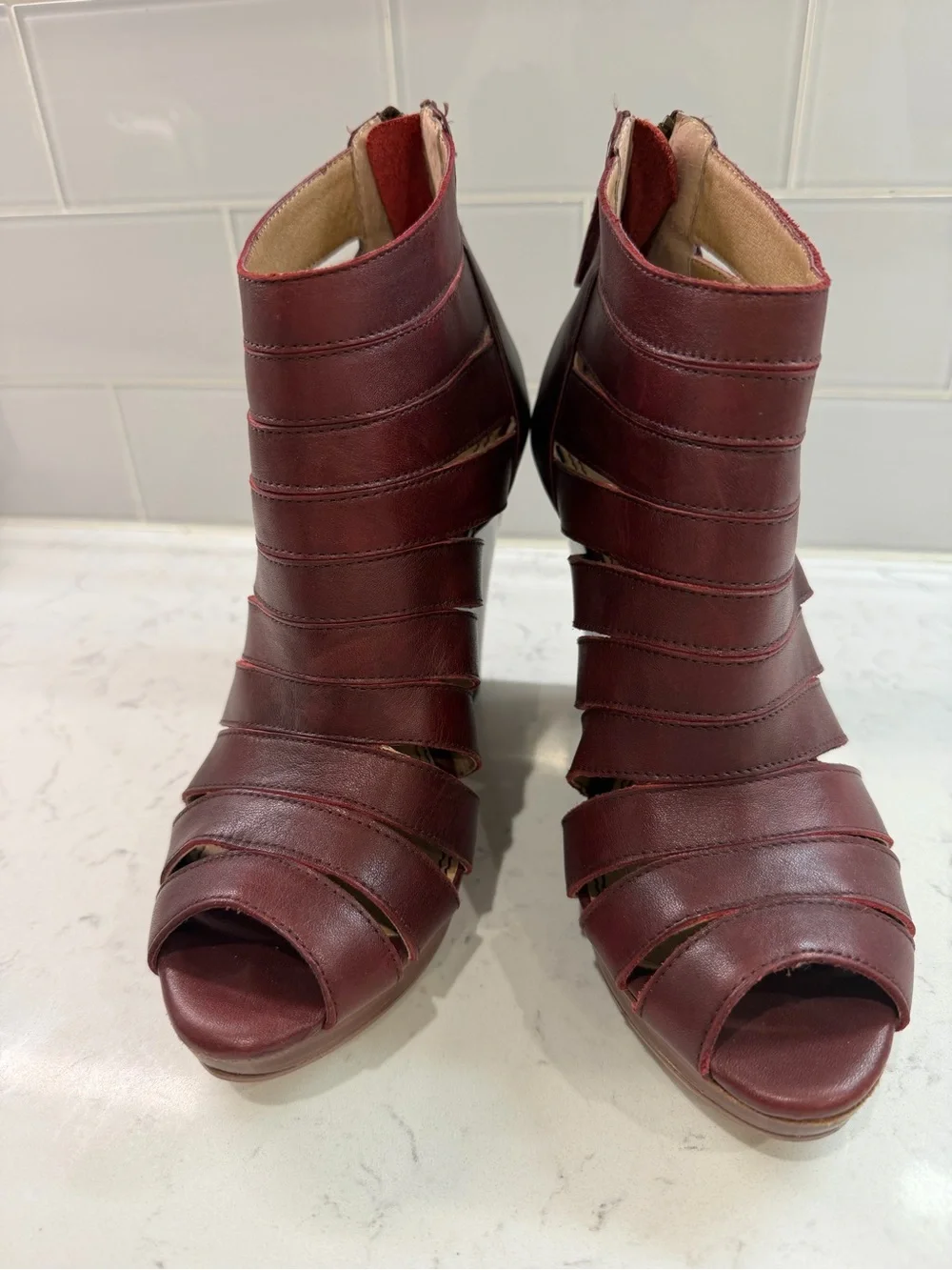 Splendid Burgundy Strappy Peep-Toe Wedge Booties